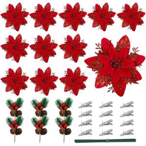 12 Piezas Flores Navidad Artificiales Rojas, con 6 Ramas de…