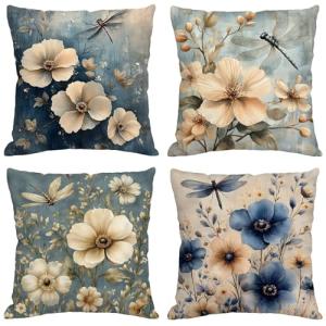 Funda Cojin 70x70 cm, Juego de 4 Fundas de Cojines Flor Lin…