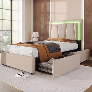 Moimhear Cama doble tapizada de 90 x 200 cm, con iluminació…