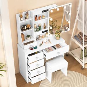 Ereousa Tocador de Maquillaje con Luz y Taburete, Mesa de M…