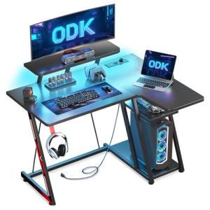 ODK Mesa Gaming Esquina con Luces LED y Tomas de Corriente,…