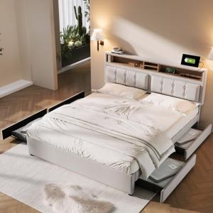 Moimhear Cama doble de 140 x 200 cm, cama tapizada con 4 ca…