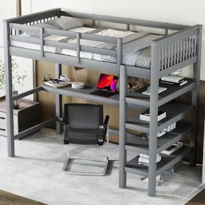 KecDuey Cama alta con somier de láminas de madera, con esca…
