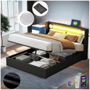 Racxily Cama de Matrimonio con Tira Luminosa LED, Lector Bl…