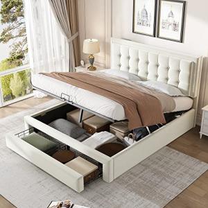 Moimhear Cama con cajón, tela de terciopelo, cama tapizada,…
