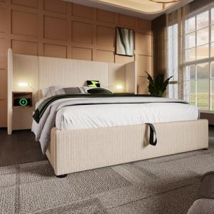 Moimhear Cama doble tapizada con mesita de noche, lámpara d…