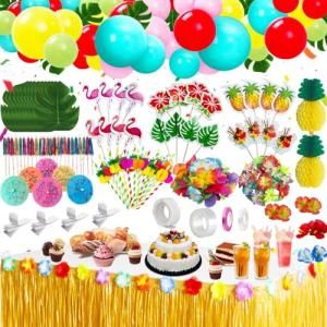 KIMIGO 175 Pcs Hawaiano Luau Falda de Mesa Set con Falda de…