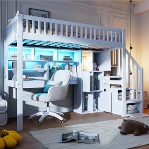 NovaFurnish Cama alta, 90 x 200 cm, con luces LED, escalera…