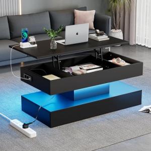 BENMWS Mesa de centro moderna, con iluminación LED y espaci…
