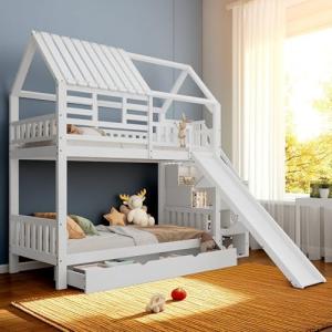 Litera Infantil con Tobogán y Escalera con Almacenaje, Cama…