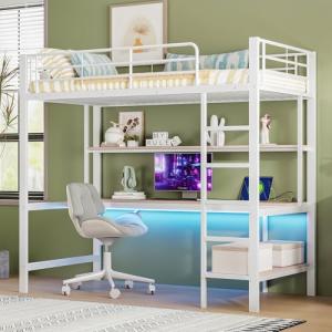 Cama alta, 90 x 200 cm, barandilla, escalera con USB y ench…