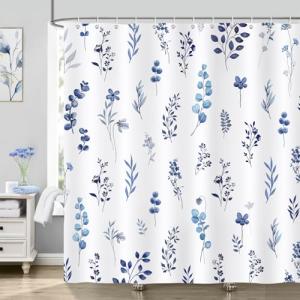 Bonhause Cortina de Ducha Azul Floral Hojas de Acuarela Pla…