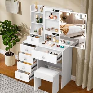 Teousev Tocador de Maquillaje con Luz y Taburete, Vanity de…