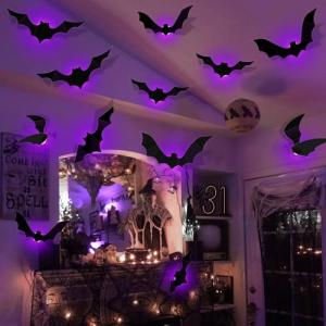 12 Pcs Gran 3D Murcielagos Halloween Decoracion con LED, Pe…