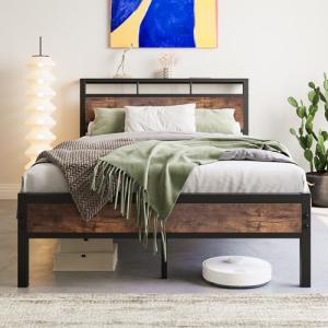 FOUBAM Marco de cama de metal con cabecero de madera, estan…