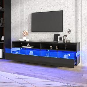 Moimhear Mueble de TV de alto brillo, mueble bajo con ilumi…