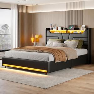 KEFSR Cama de matrimonio de 140 x 200 cm con LED RGB, conte…
