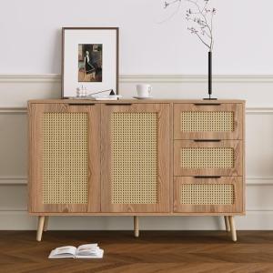 BLUON HOME Aparador vintage de ratán con 2 puertas y 3 cajo…