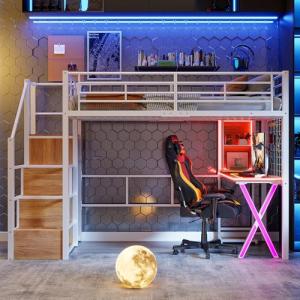 Moimhear Cama alta, luz ambiental teledirigible, escalera,…