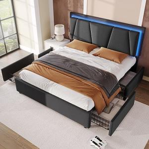 Moimhear Cama tapizada con 4 cajones, cabecero de altura re…