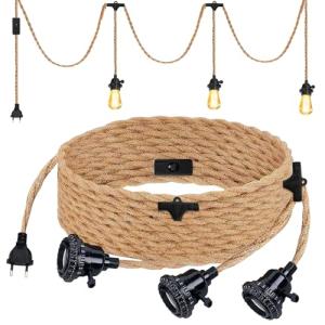 Kit de Lámpara Colgante con Cuerda de Cáñamo, 3 Portalámpar…