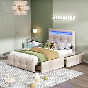 Idemon Cama tapizada de 90 x 200 cm con luces LED, 2 cajone…