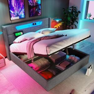 Moimhear Cama tapizada de 140 x 200 cm, cama doble LED con…