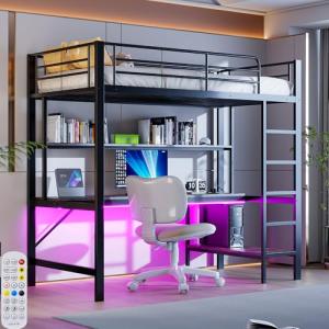 Cama alta de 90 x 200 cm con LED y enchufe USB, cama alta c…