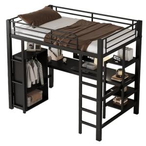 Cama Loft de Hierro 90x200 cm con Escritorio y Armario Inte…