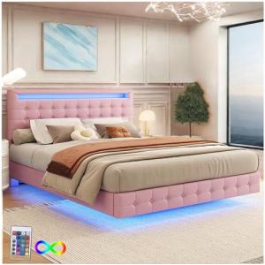 Sapgaks Cama de matrimonio con luz ambiental LED, mando a d…