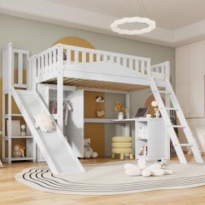 Cama infantil litera 90 x 200, cama alta con tobogán, escal…