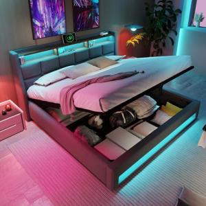 Cayipng Cama de matrimonio de 140 x 200 cm con USB y LED y…