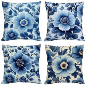 Funda Cojin 65x65 cm, Juego de 4 Fundas de Cojines Azul Lin…