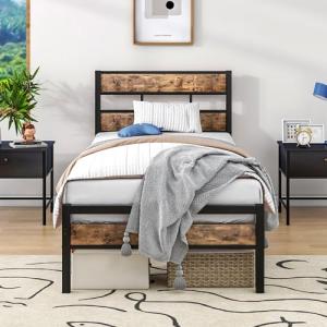 HOJINLINERO Marco de cama de metal de madera con somier, 90…