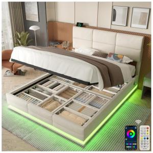 Lubvtti Cama acolchada con LED y puertos USB & TypeC, cama…
