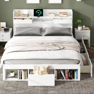Moimhear Cama doble, con puerto USB, cajones y armario de a…