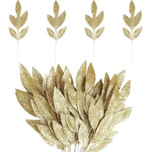 Laelfe 12 hojas de Navidad artificiales con purpurina dorad…