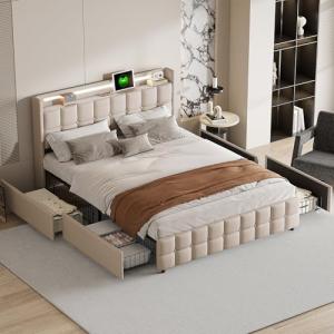 WOBOPCG Cama Tapizada 180x200,Cama Doble con 4 Cajones Cama…