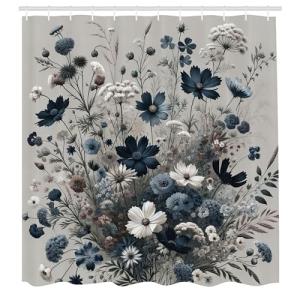 ABAKUHAUS Azul Marino Cortina de Baño, Flores Silvestres mo…