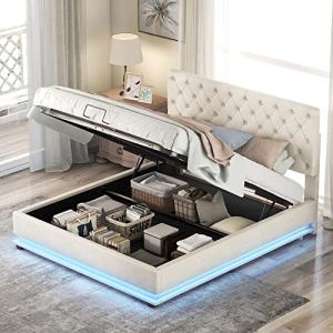 Cama de Matrimonio Tapizada Con Luces LED, Contenedor Con P…
