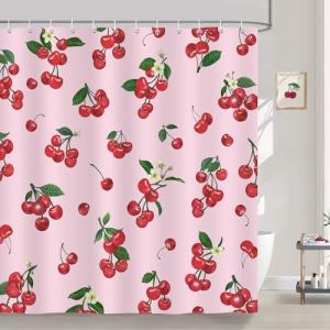 Bonhause Cortina de Ducha Cereza Rosa Fruta Hojas Verdes Co…