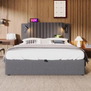 Moimhear Cama tapizada, cama doble, luz de lectura con func…