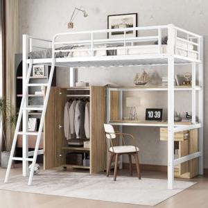 HYUB Cama alta 90 x 200 cm con escritorio y armario, litera…