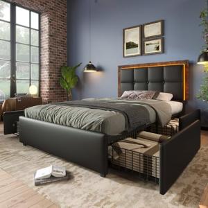 TIZZ Estructura de cama, con tira de iluminación LED y 4 ca…