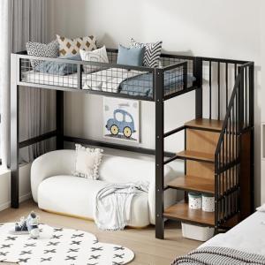 Moimhear Cama Alta 90 x 200 cm, Cama de Hierro con Escalera…