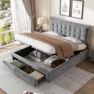 Oslghy Cama Tapizada 140x190 cm, Bed Doble con Cajones Gran…