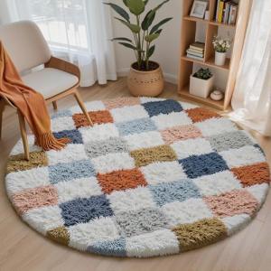 HUGEAR Alfombra Redonda 120cm Pelo Largo a Cuadros Blanco C…