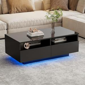 BENMWS Mesa de centro LED brillante, con 2 cajones, mesa de…