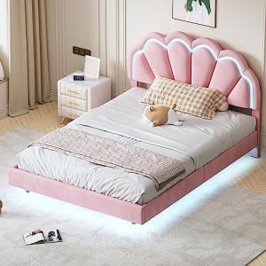 BENMWS Cama tapizada, marco flotante acolchado con luces LE…