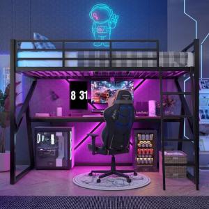 Moimhear Cama alta 90 x 200 cm, marco de hierro, barra LED,…